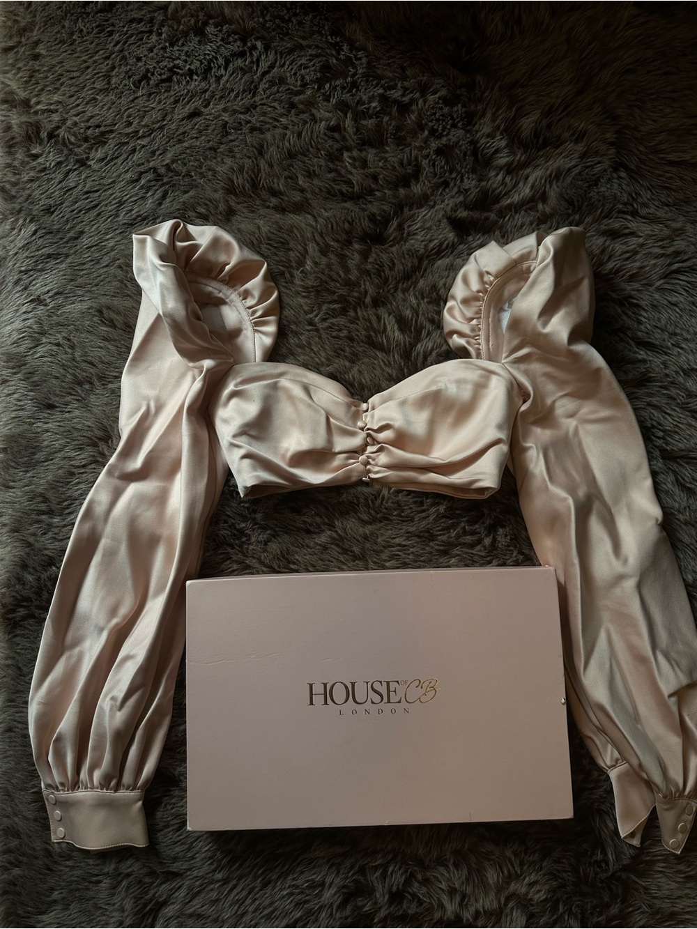 House of CB Blush Pink Satin Puff-Sleeve Crop Top